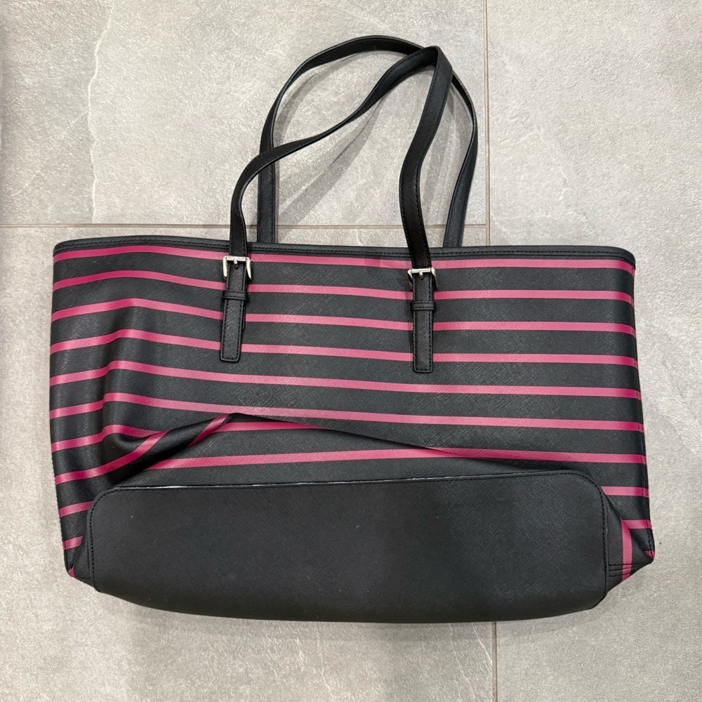 Michael Kors Jet Set Striped Saffiano Leather Laptop Tote Bag EUC black pink - Picture 5 of 15